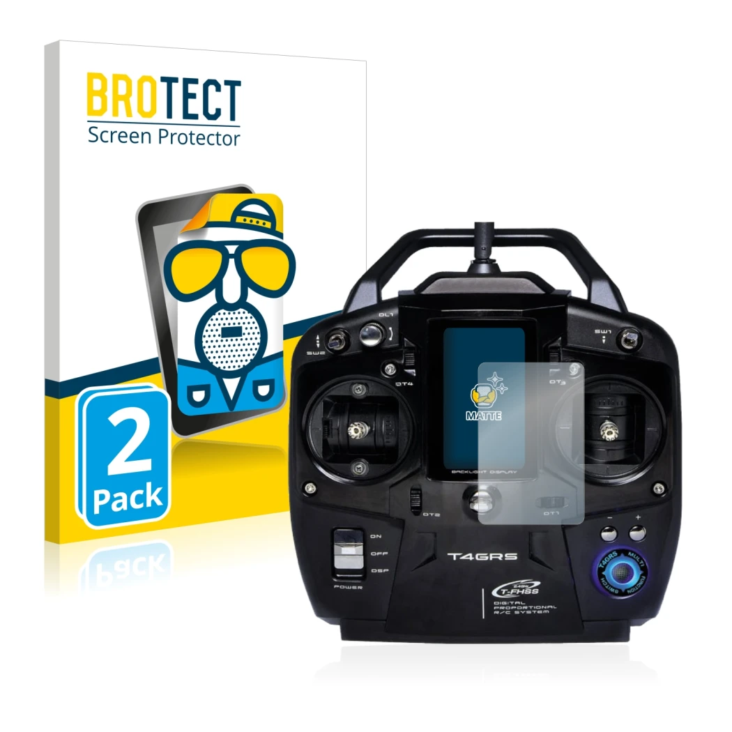 Face avant d’un emballage produit avec le logo de la marque BROTECT. À côté, l’appareil Futaba T4GRS est représenté avec la pr