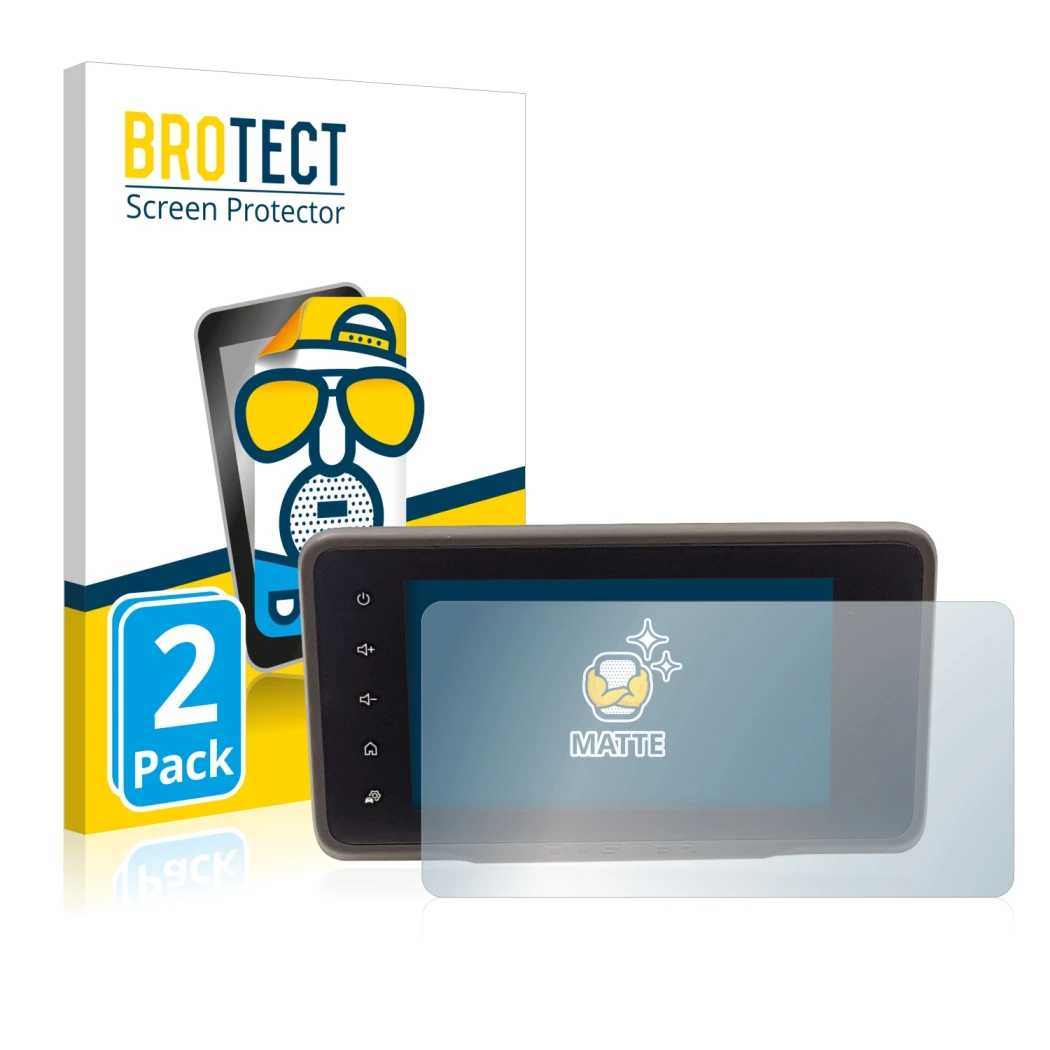 Face avant d’un emballage produit avec le logo de la marque BROTECT. À côté, l’appareil Dacia Duster 2 MediaDisplay est représ