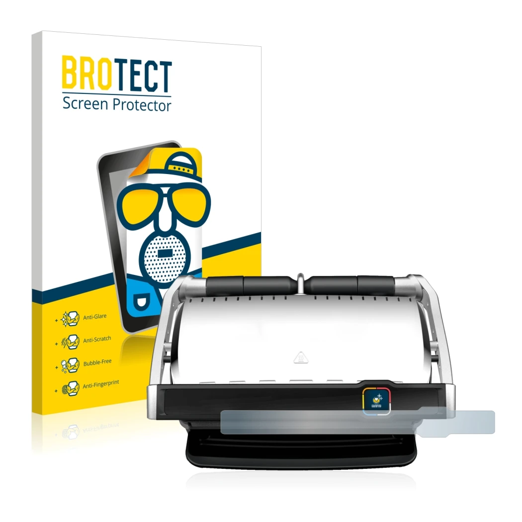 Face avant d’un emballage produit avec le logo de la marque BROTECT. À côté, l’appareil Tefal OptiGrill Elite XL est représent