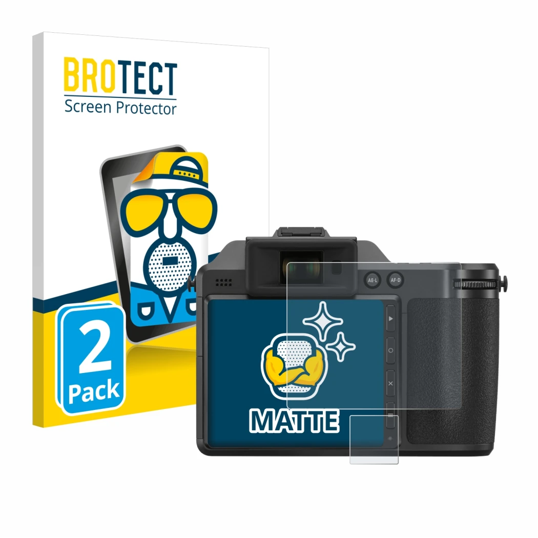 Face avant d’un emballage produit avec le logo de la marque BROTECT. À côté, l’appareil Hasselblad X2D 100C est représenté ave