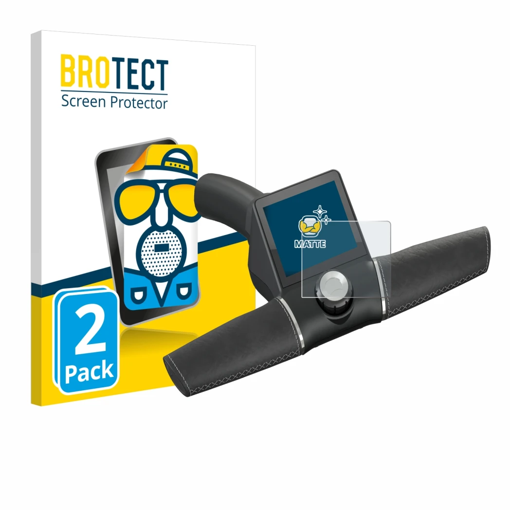 Face avant d’un emballage produit avec le logo de la marque BROTECT. À côté, l’appareil Motocaddy M3 GPS Electric Trolley 2022