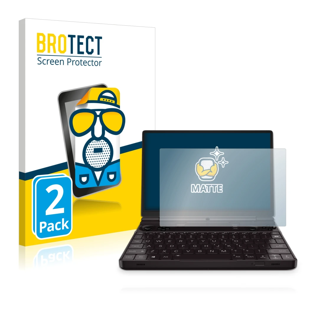 Face avant d’un emballage produit avec le logo de la marque BROTECT. À côté, l’appareil GPD Win Max 2 est représenté avec la p