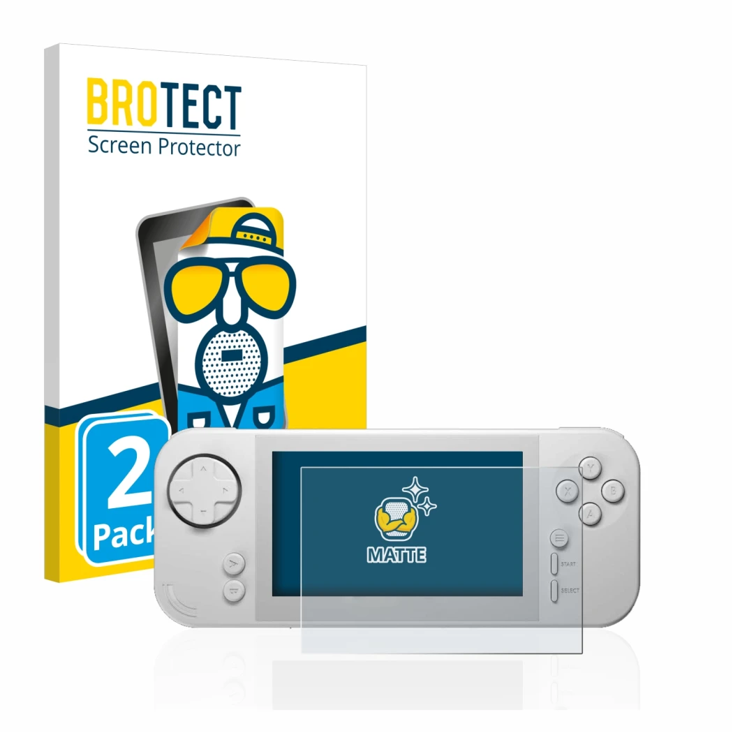 Face avant d’un emballage produit avec le logo de la marque BROTECT. À côté, l’appareil Evercade EXP est représenté avec la pr