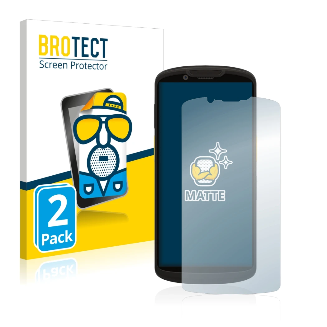 Face avant d’un emballage produit avec le logo de la marque BROTECT. À côté, l’appareil Zebra TC58 est représenté avec la prot