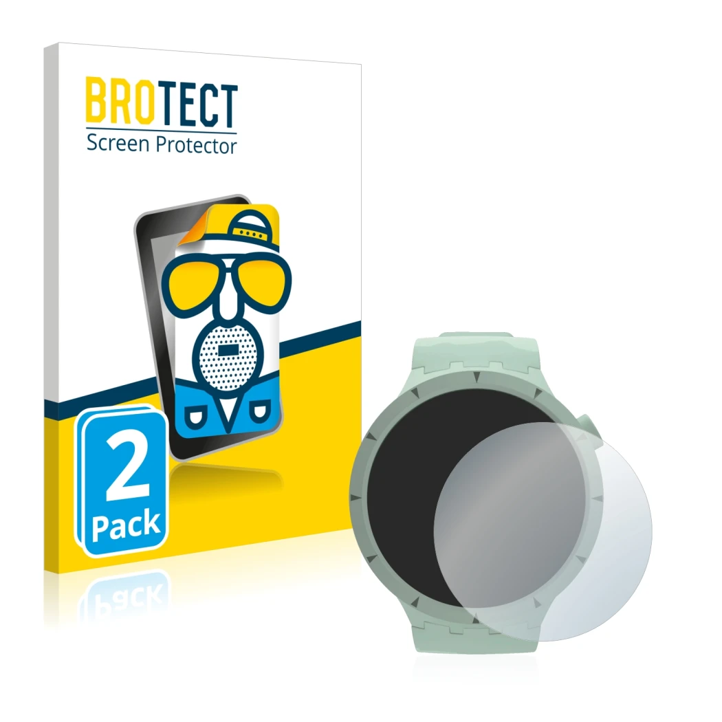 Face avant d’un emballage produit avec le logo de la marque BROTECT. À côté, l’appareil Swatch Big Bold Bioceramic est représe