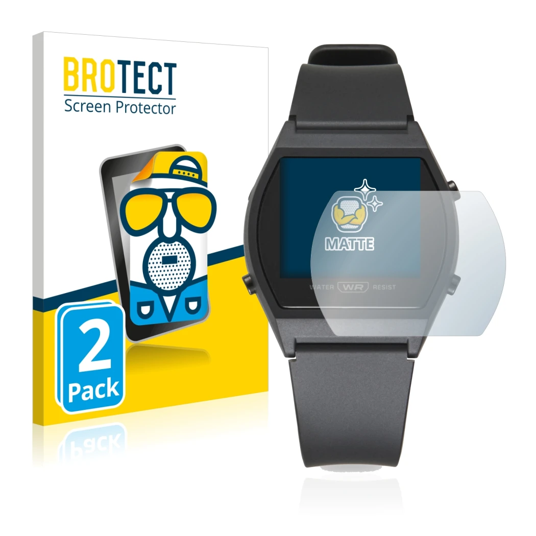 Face avant d’un emballage produit avec le logo de la marque BROTECT. À côté, l’appareil Casio LW-204-1BEF est représenté avec