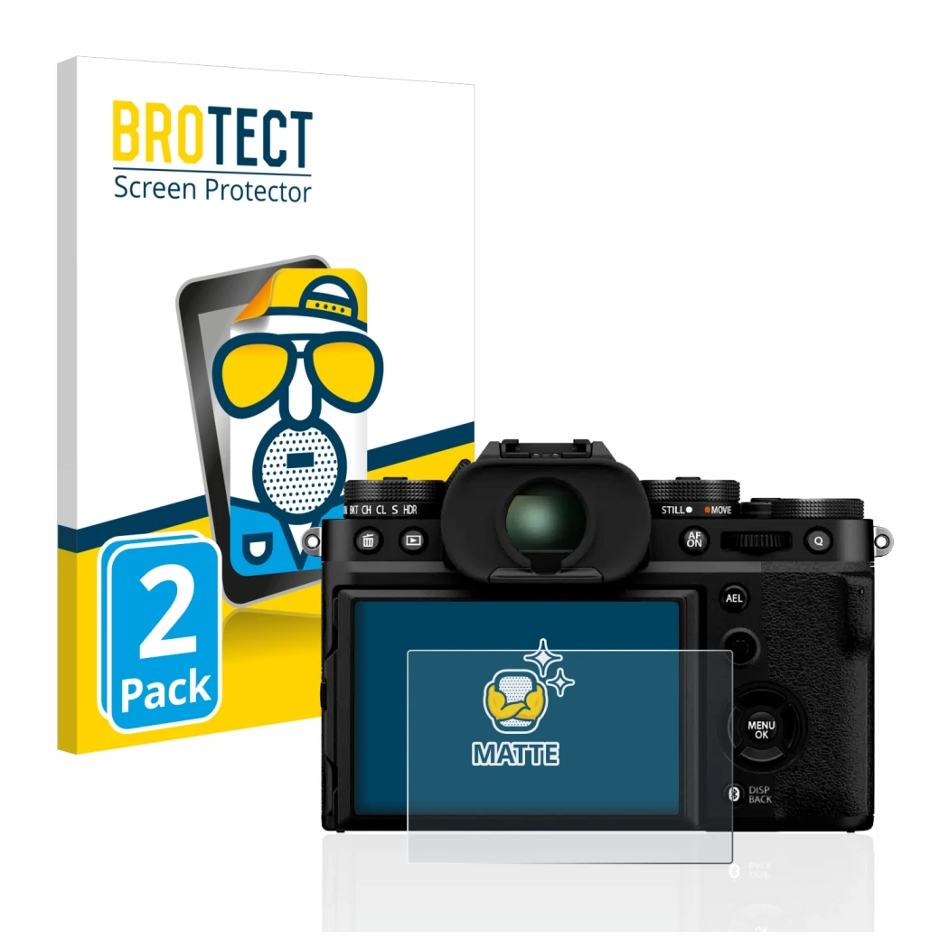 Face avant d’un emballage produit avec le logo de la marque BROTECT. À côté, l’appareil Fujifilm X-T5 est représenté avec la p