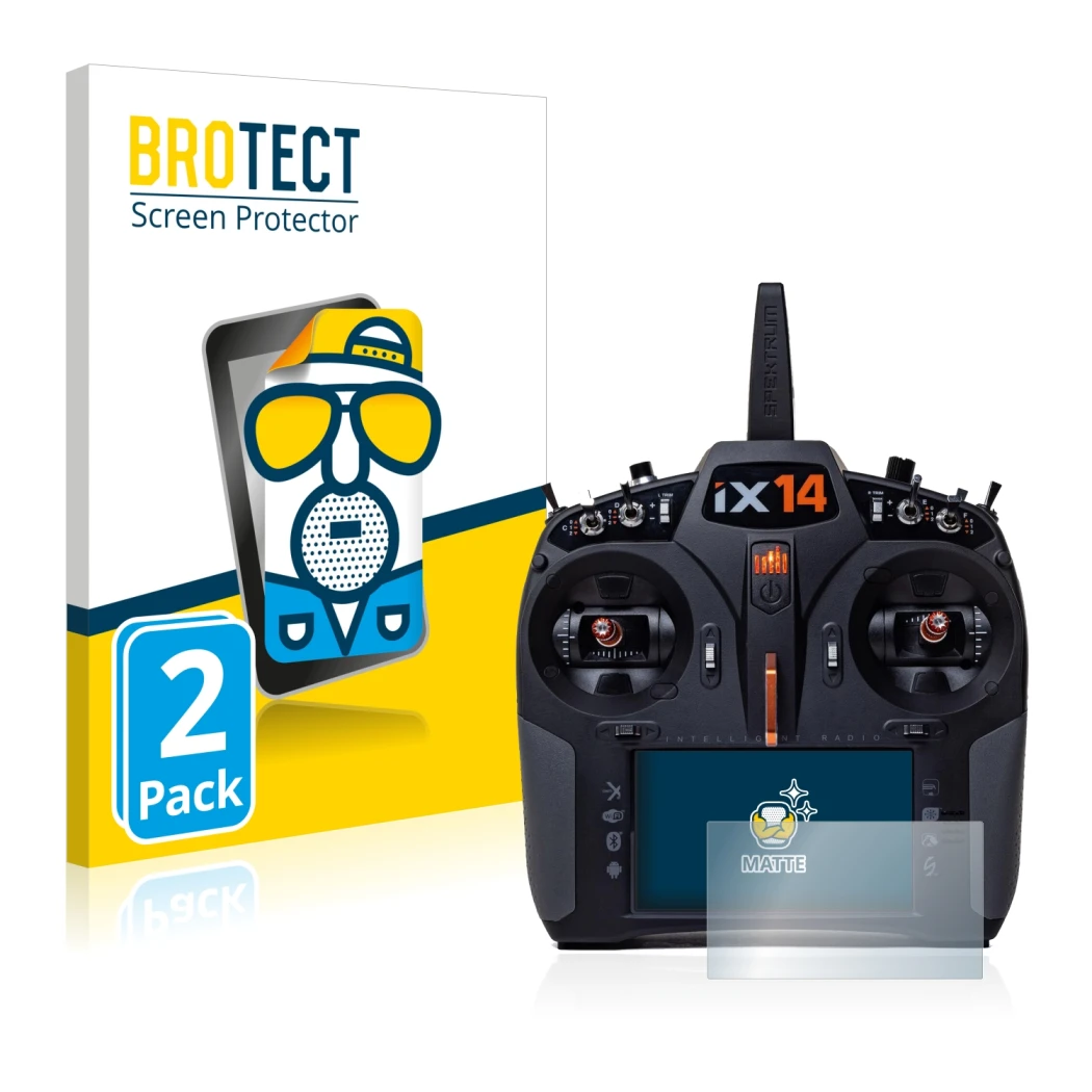 Face avant d’un emballage produit avec le logo de la marque BROTECT. À côté, l’appareil Spektrum iX14 est représenté avec la p