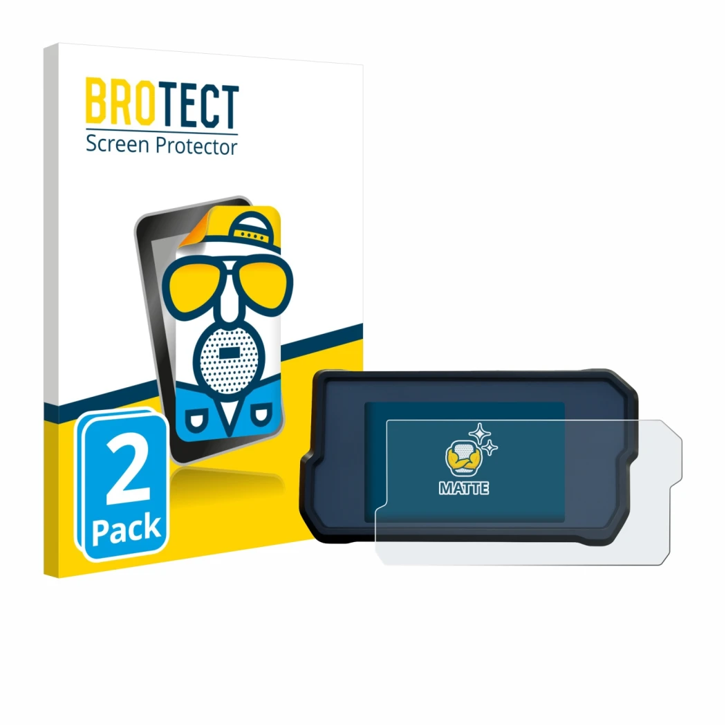 Face avant d’un emballage produit avec le logo de la marque BROTECT. À côté, l’appareil KTM 390 Duke 2019 est représenté avec 