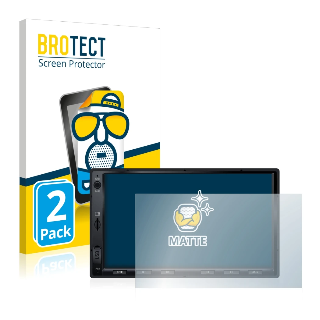 Face avant d’un emballage produit avec le logo de la marque BROTECT. À côté, l’appareil Atoto S8 Standard 7 zoll est représent