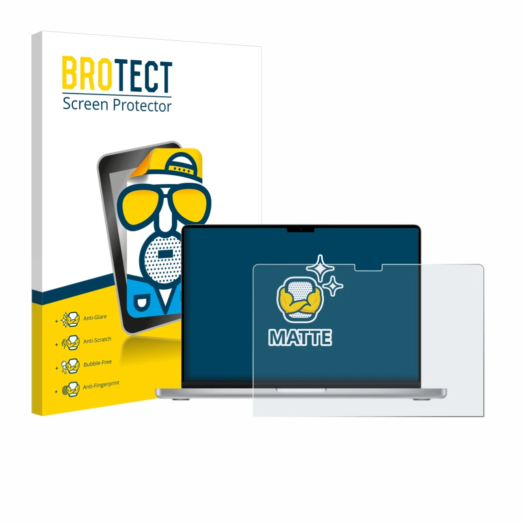 Face avant d’un emballage produit avec le logo de la marque BROTECT. À côté, l’appareil Apple MacBook Pro 14