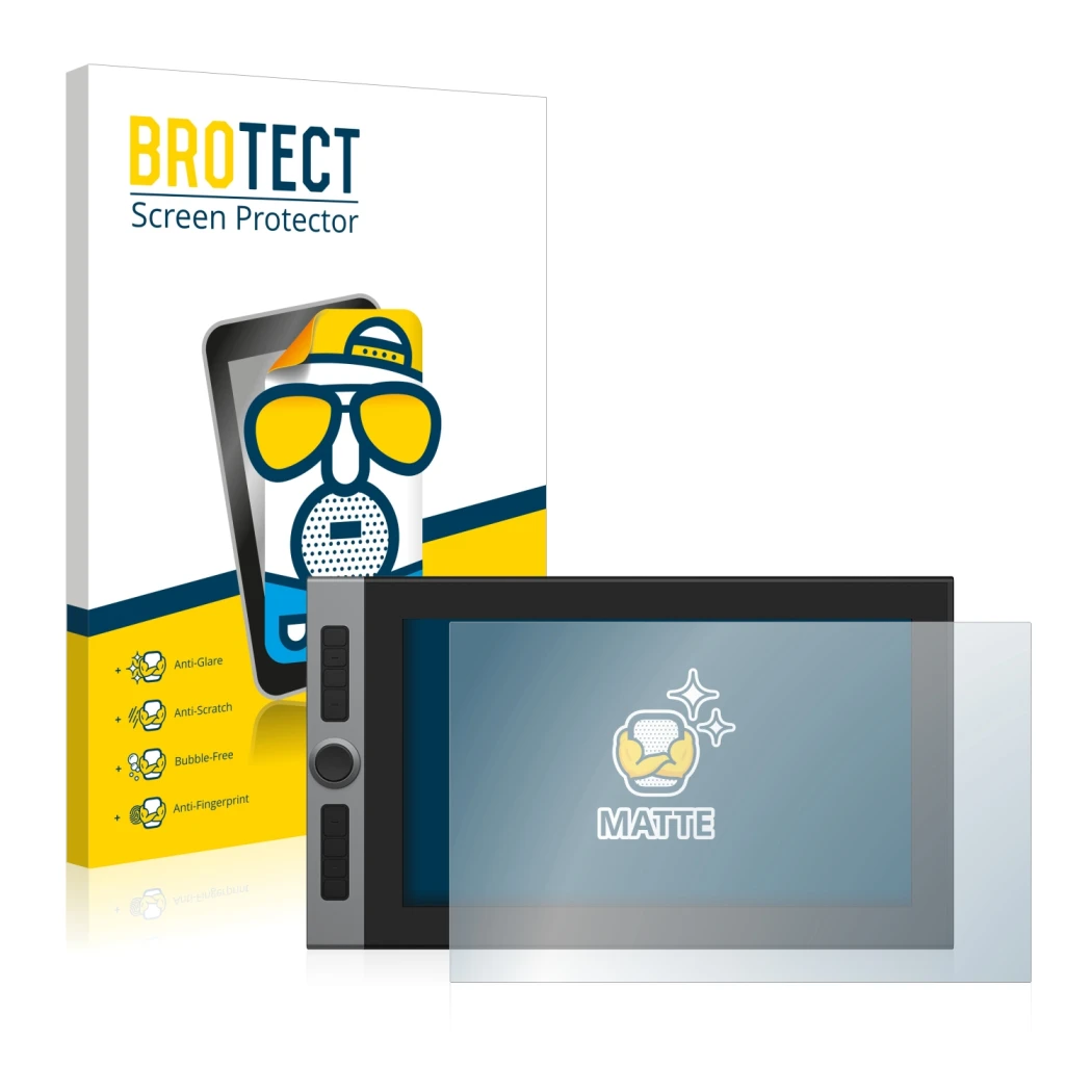 Face avant d’un emballage produit avec le logo de la marque BROTECT. À côté, l’appareil XP-Pen Artist Pro 16 15.4