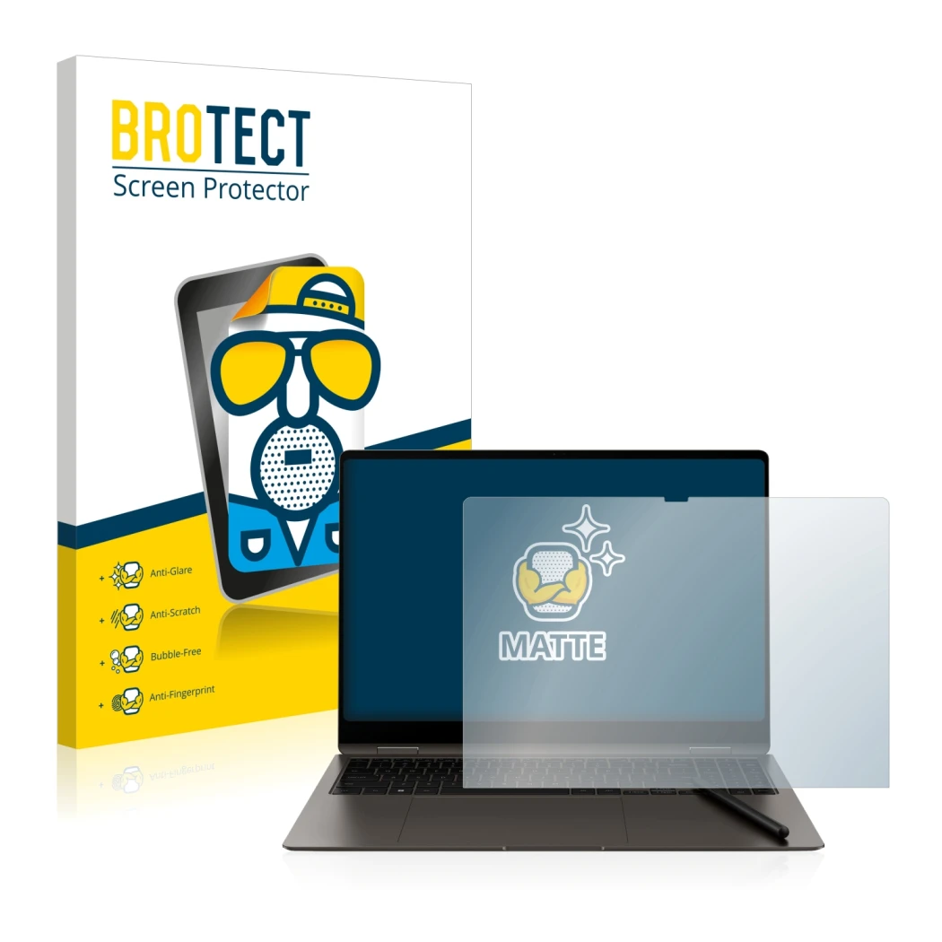 Face avant d’un emballage produit avec le logo de la marque BROTECT. À côté, l’appareil Samsung Galaxy Book3 Pro 360 16