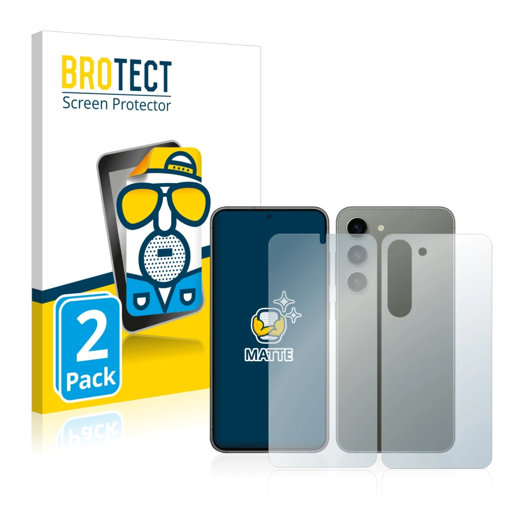 Face avant d’un emballage produit avec le logo de la marque BROTECT. À côté, l’appareil Samsung Galaxy S23 (Avant+Arrière) est