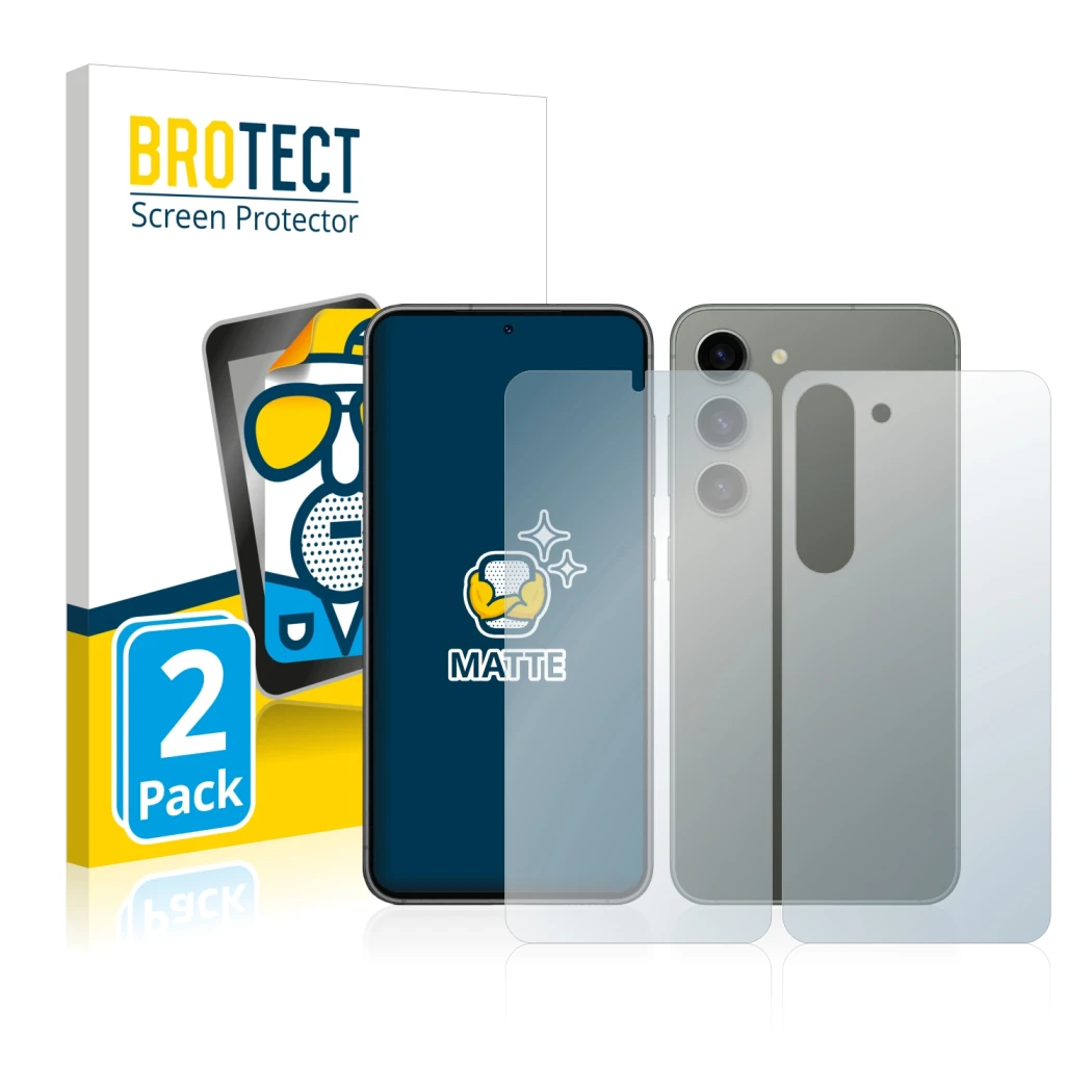 Face avant d’un emballage produit avec le logo de la marque BROTECT. À côté, l’appareil Samsung Galaxy S23 Plus (Avant+Arrière