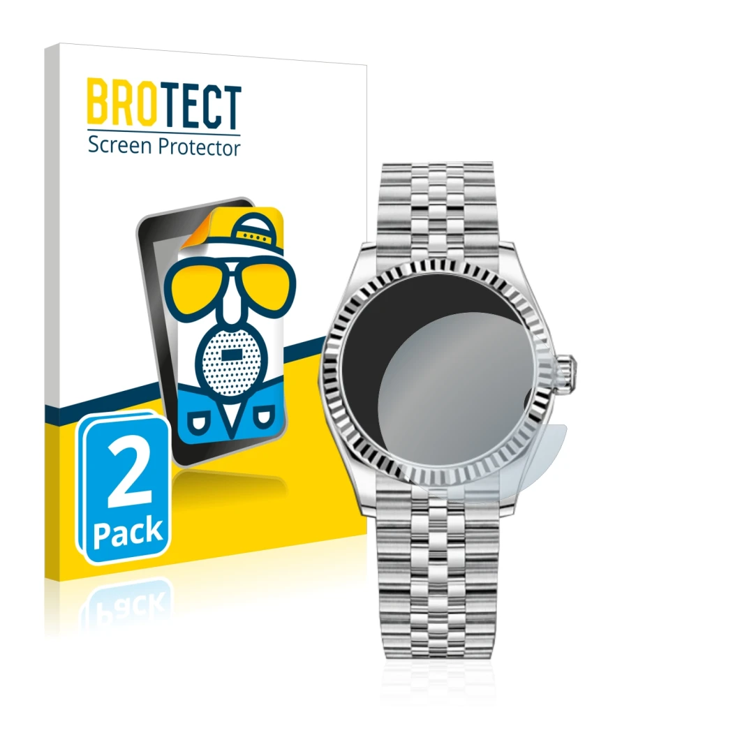 Face avant d’un emballage produit avec le logo de la marque BROTECT. À côté, l’appareil Rolex Datejust 31 est représenté avec