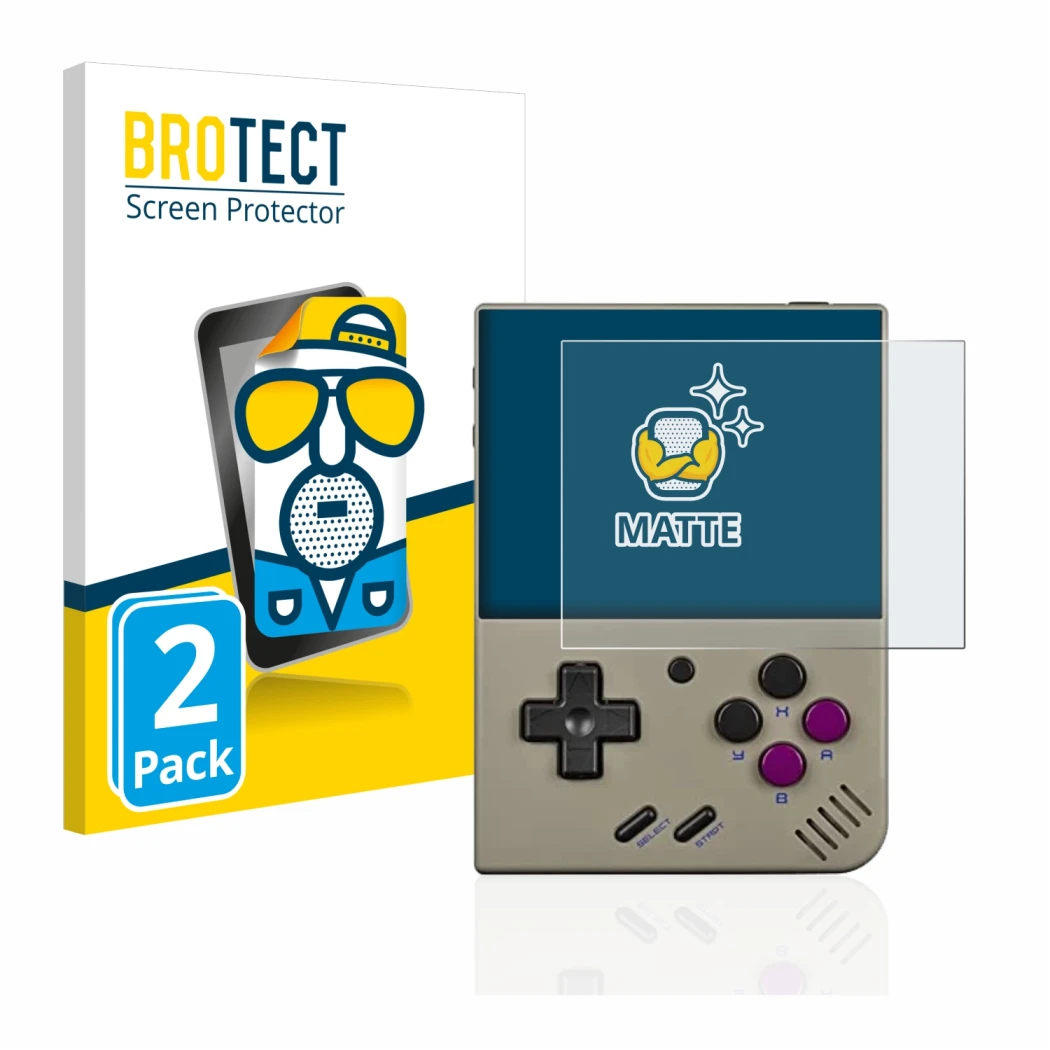 Face avant d’un emballage produit avec le logo de la marque BROTECT. À côté, l’appareil Miyoo Mini Plus est représenté avec la