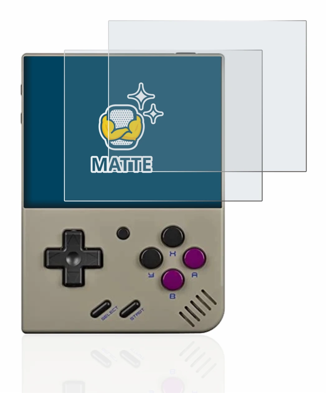 Image de l'appareil Miyoo Mini Plus avec une grande variété de protections d'écran.