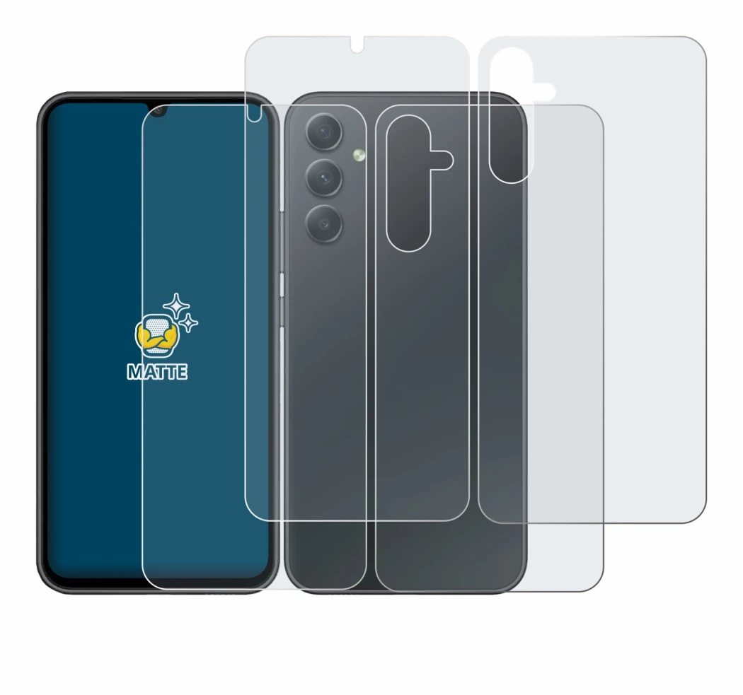 Image de l'appareil Samsung Galaxy A34 5G (Avant+Arrière) avec une grande variété de protections d'écran.