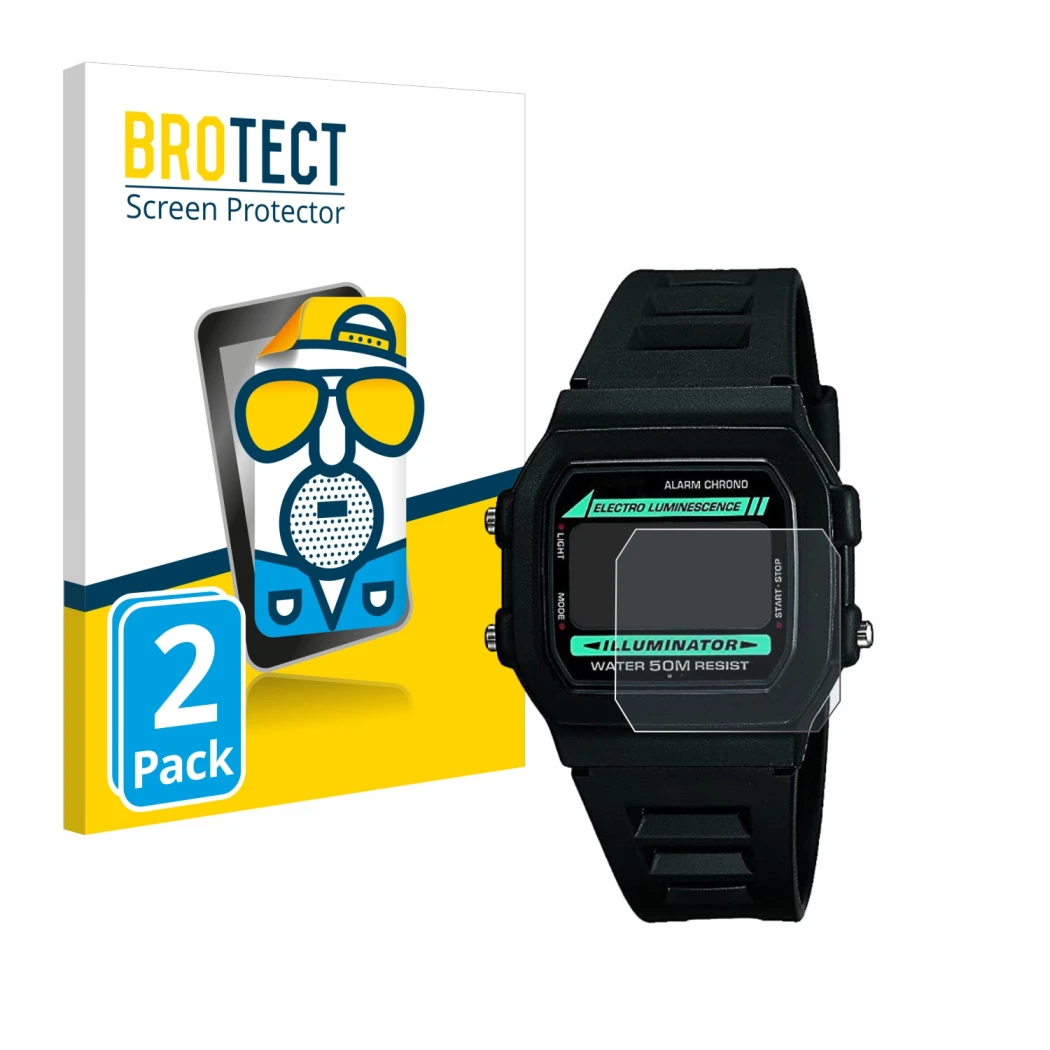 Face avant d’un emballage produit avec le logo de la marque BROTECT. À côté, l’appareil Casio W-86-1VQES est représenté avec l