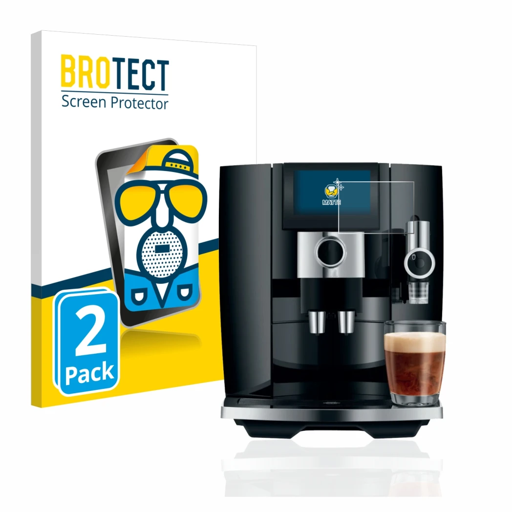 Face avant d’un emballage produit avec le logo de la marque BROTECT. À côté, l’appareil Jura J8 est représenté avec la protect