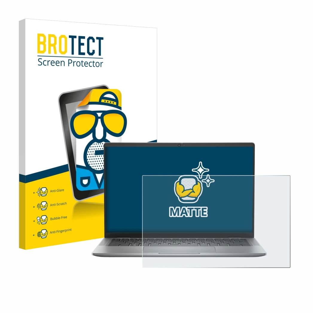 Face avant d’un emballage produit avec le logo de la marque BROTECT. À côté, l’appareil Dell Latitude 7440 Laptop est représen