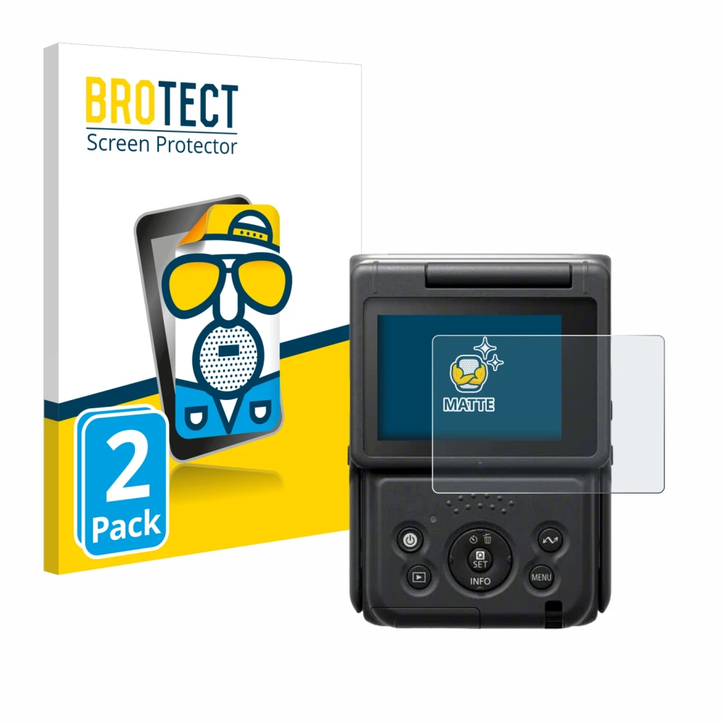 Face avant d’un emballage produit avec le logo de la marque BROTECT. À côté, l’appareil Canon PowerShot V10 Vlog Camera est re