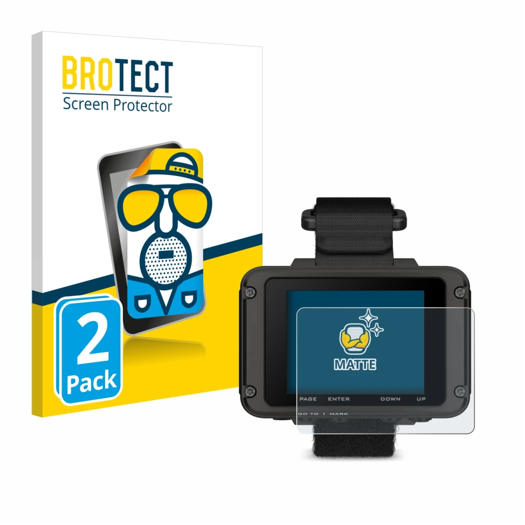 Face avant d’un emballage produit avec le logo de la marque BROTECT. À côté, l’appareil Garmin Foretrex 801 est représenté ave