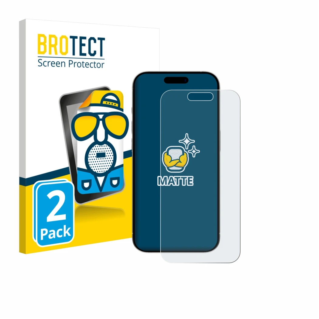 Face avant d’un emballage produit avec le logo de la marque BROTECT. À côté, l’appareil Apple iPhone 15 est représenté avec la