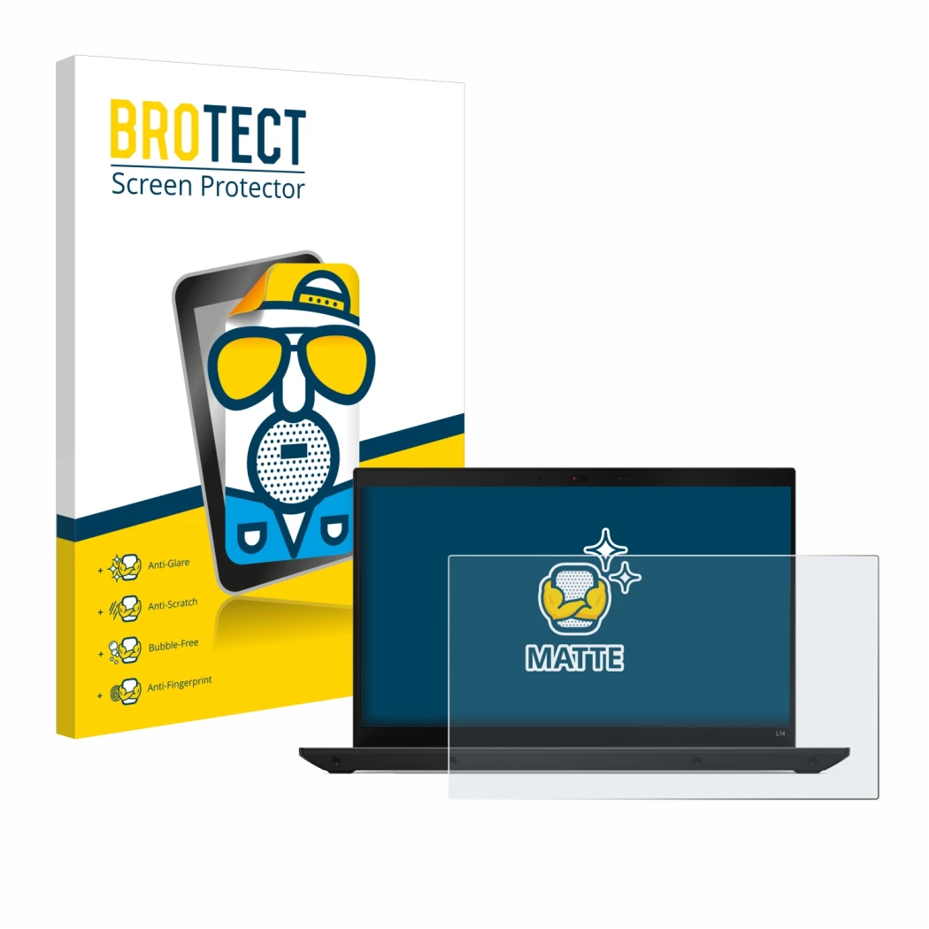 Face avant d’un emballage produit avec le logo de la marque BROTECT. À côté, l’appareil Lenovo ThinkPad L14 Gen 4 est représen