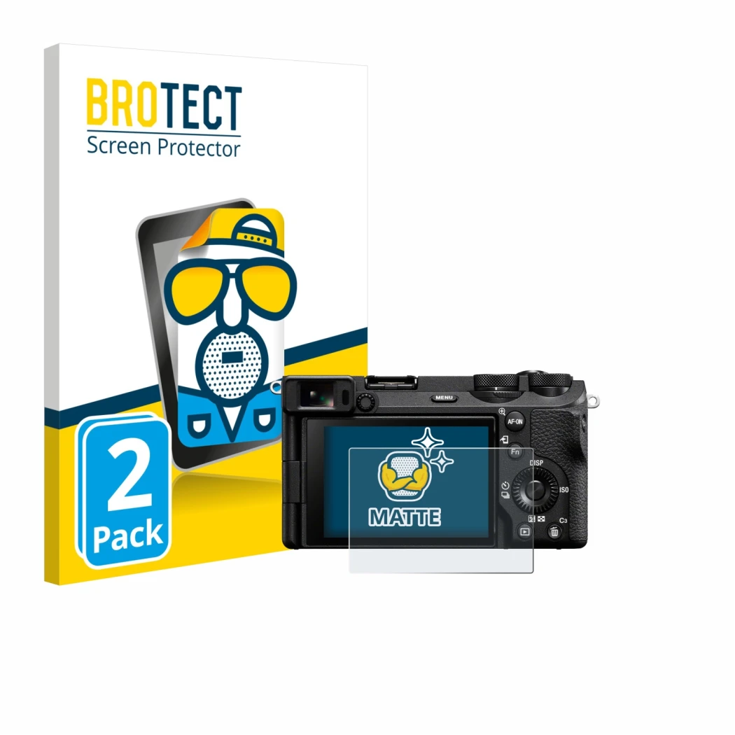 Face avant d’un emballage produit avec le logo de la marque BROTECT. À côté, l’appareil Sony Alpha 6700 est représenté avec la