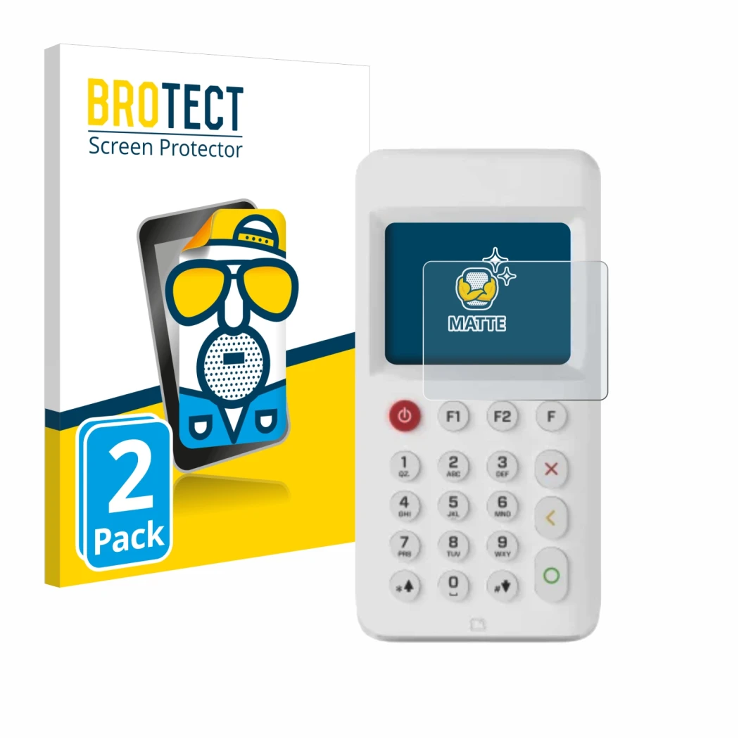 Face avant d’un emballage produit avec le logo de la marque BROTECT. À côté, l’appareil myPOS Go 2 est représenté avec la prot