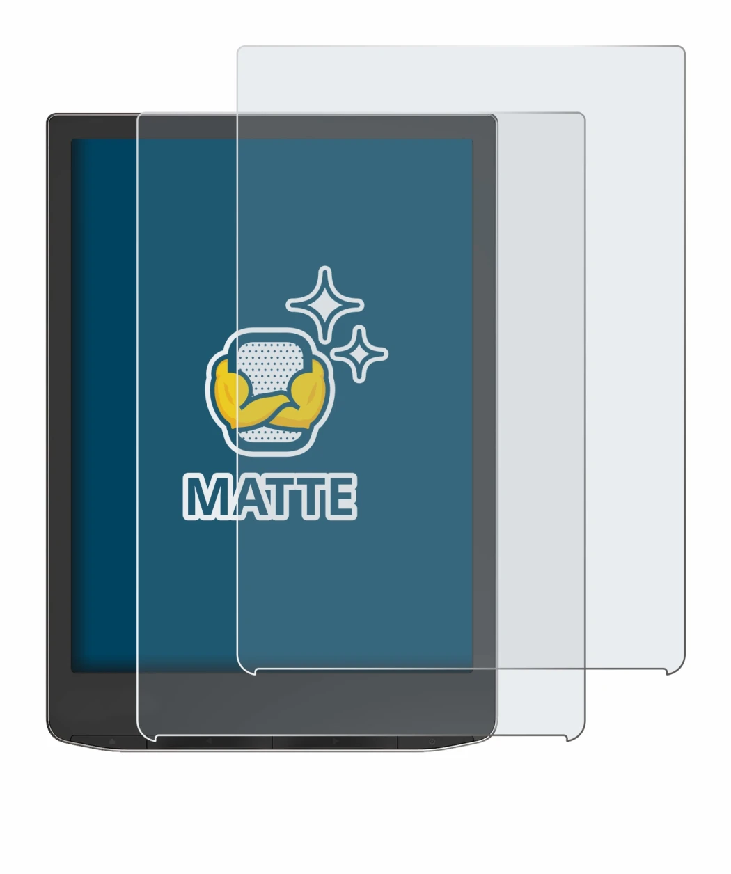 Image de l'appareil PocketBook InkPad 4 avec une grande variété de protections d'écran.