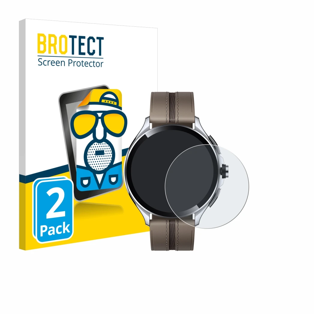 Face avant d’un emballage produit avec le logo de la marque BROTECT. À côté, l’appareil Xiaomi Watch 2 Pro est représenté avec