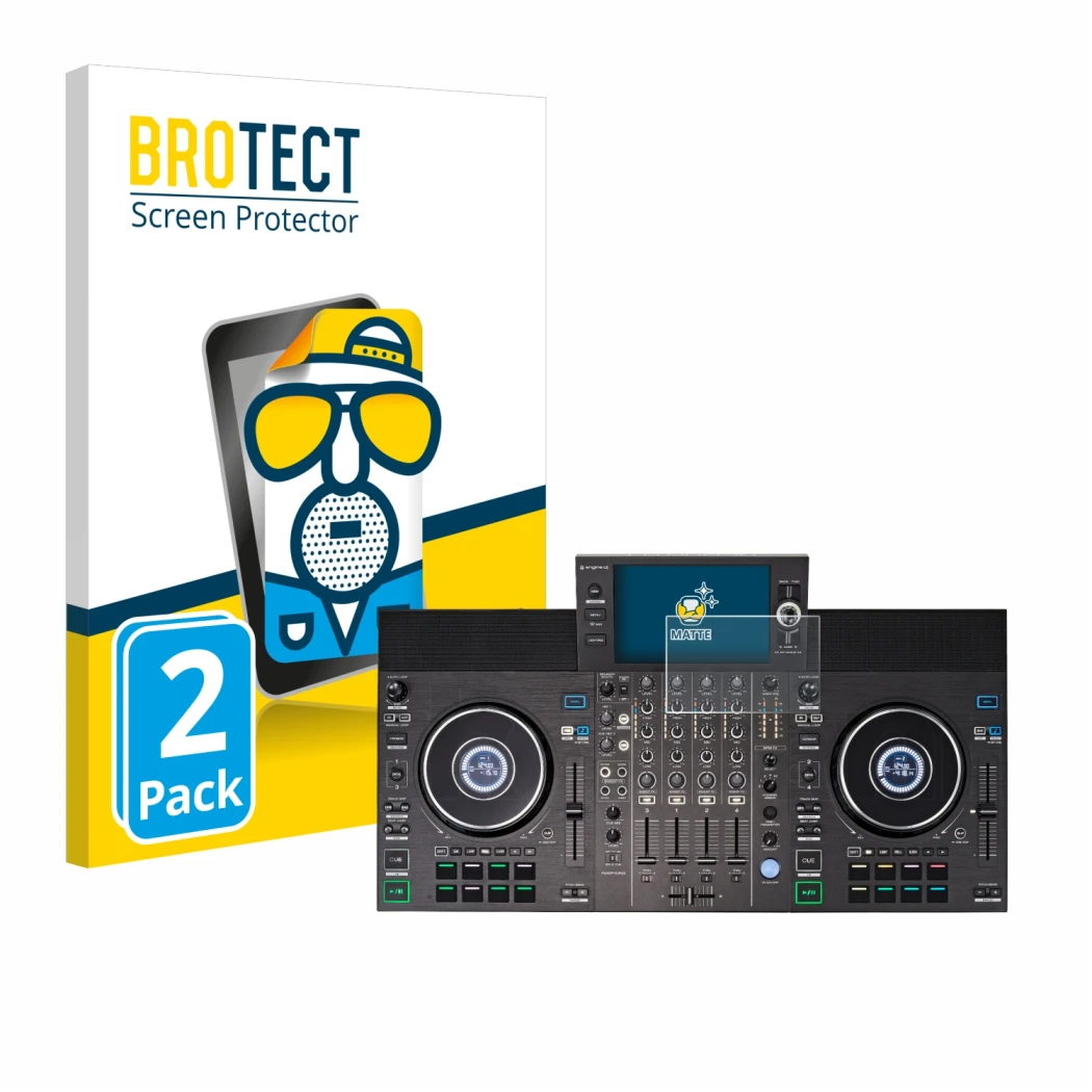 Face avant d’un emballage produit avec le logo de la marque BROTECT. À côté, l’appareil Denon DJ SC LIVE 4 est représenté avec