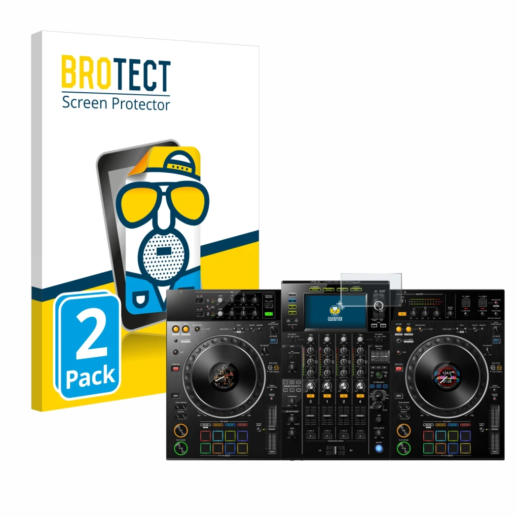 Face avant d’un emballage produit avec le logo de la marque BROTECT. À côté, l’appareil Pioneer XDJ -XZ est représenté avec la