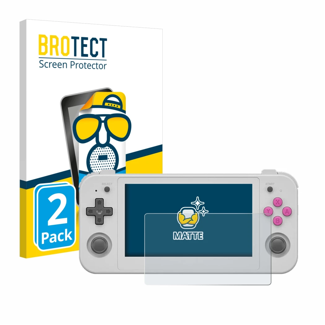 Face avant d’un emballage produit avec le logo de la marque BROTECT. À côté, l’appareil Anbernic RG505 est représenté avec la