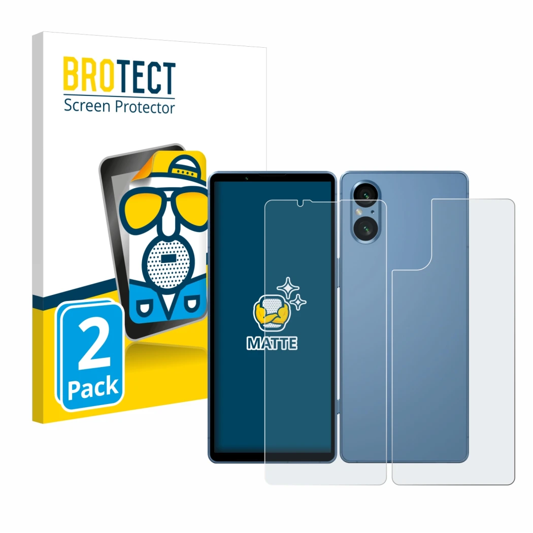 Face avant d’un emballage produit avec le logo de la marque BROTECT. À côté, l’appareil Sony Xperia 5 V (Avant+Arrière) est re