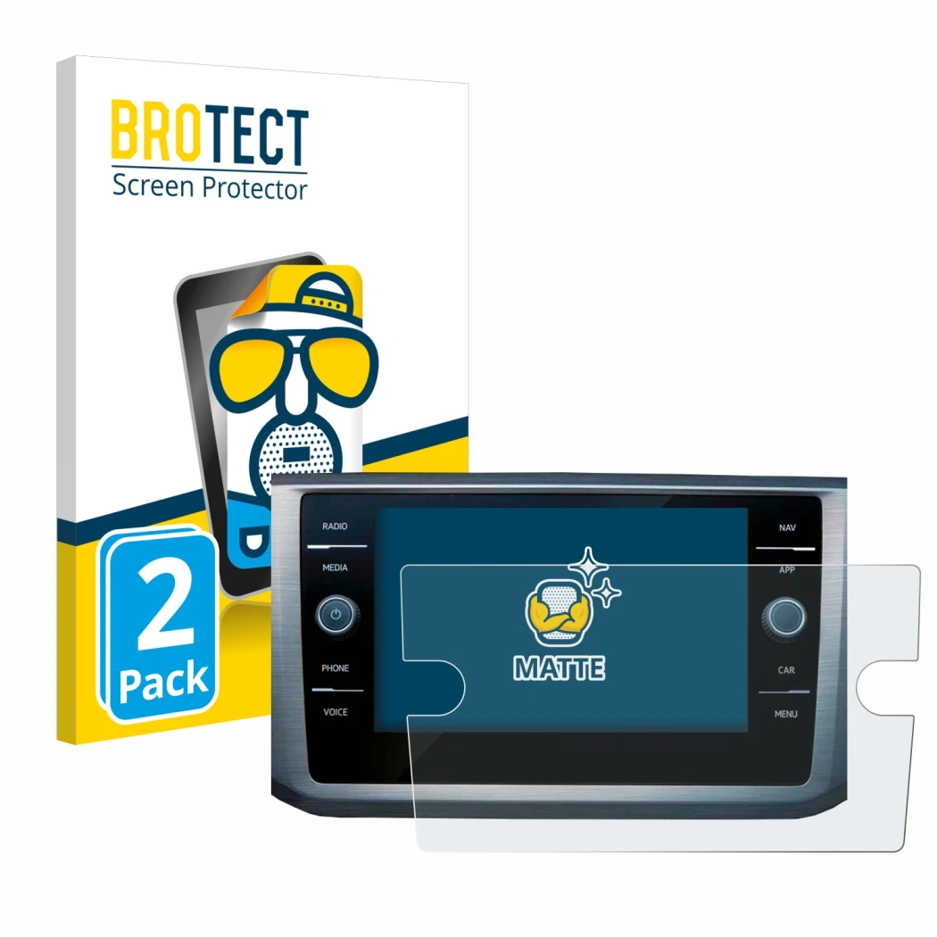 Face avant d’un emballage produit avec le logo de la marque BROTECT. À côté, l’appareil Volkswagen Passat B8 Discover Media 8