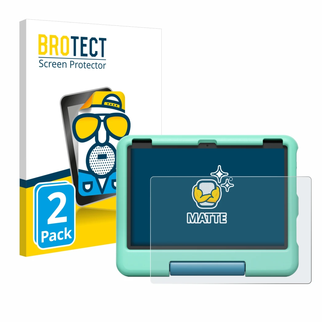 Face avant d’un emballage produit avec le logo de la marque BROTECT. À côté, l’appareil Amazon Fire HD 10 Kids 2023 est représ