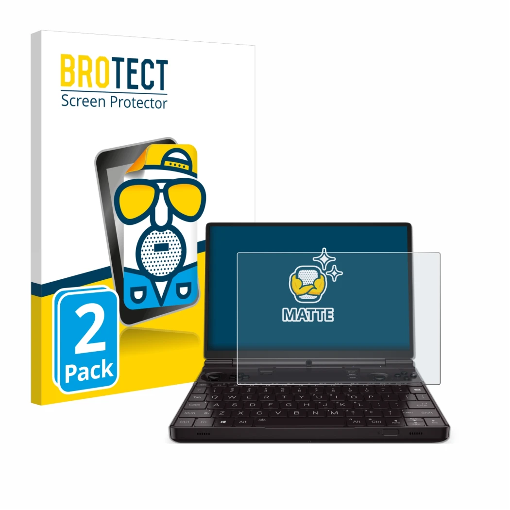 Face avant d’un emballage produit avec le logo de la marque BROTECT. À côté, l’appareil GPD Win Max 2 2023 est représenté avec