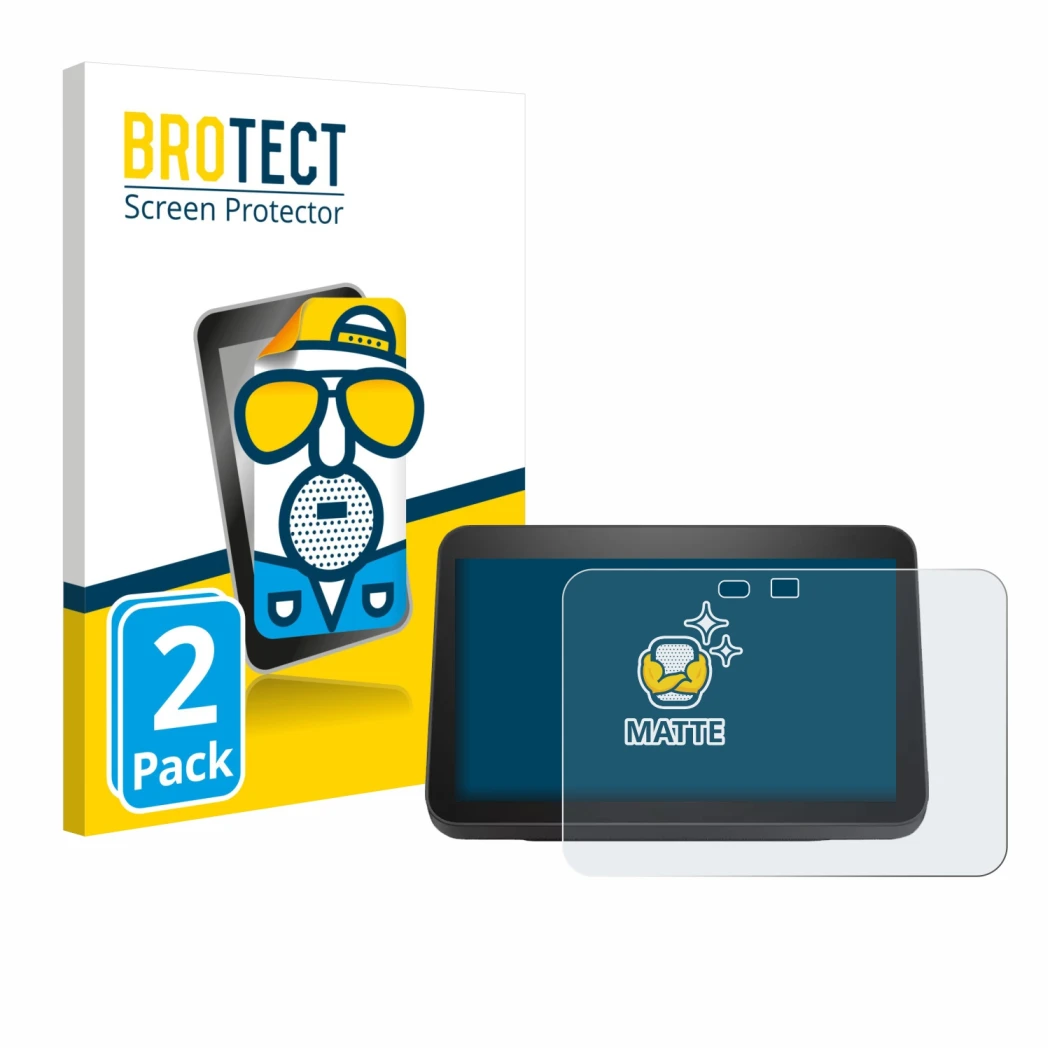 Face avant d’un emballage produit avec le logo de la marque BROTECT. À côté, l’appareil Amazon Echo Show 8 2023 (3ème Gen.) es