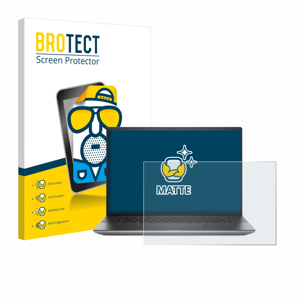 Face avant d’un emballage produit avec le logo de la marque BROTECT. À côté, l’appareil Dell Precision 5680 Workstation est re