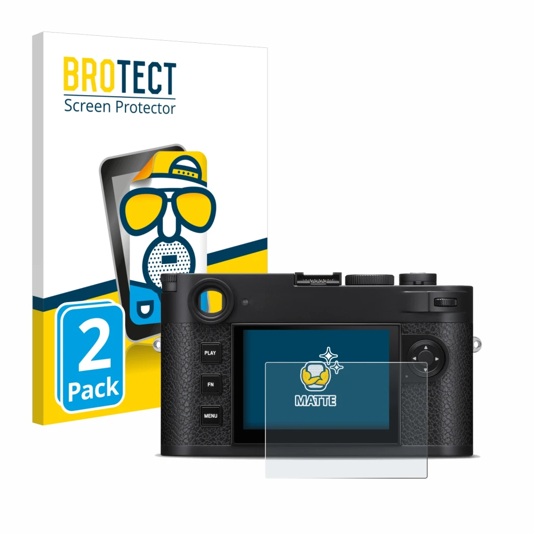 Face avant d’un emballage produit avec le logo de la marque BROTECT. À côté, l’appareil Leica M11-P est représenté avec la pro