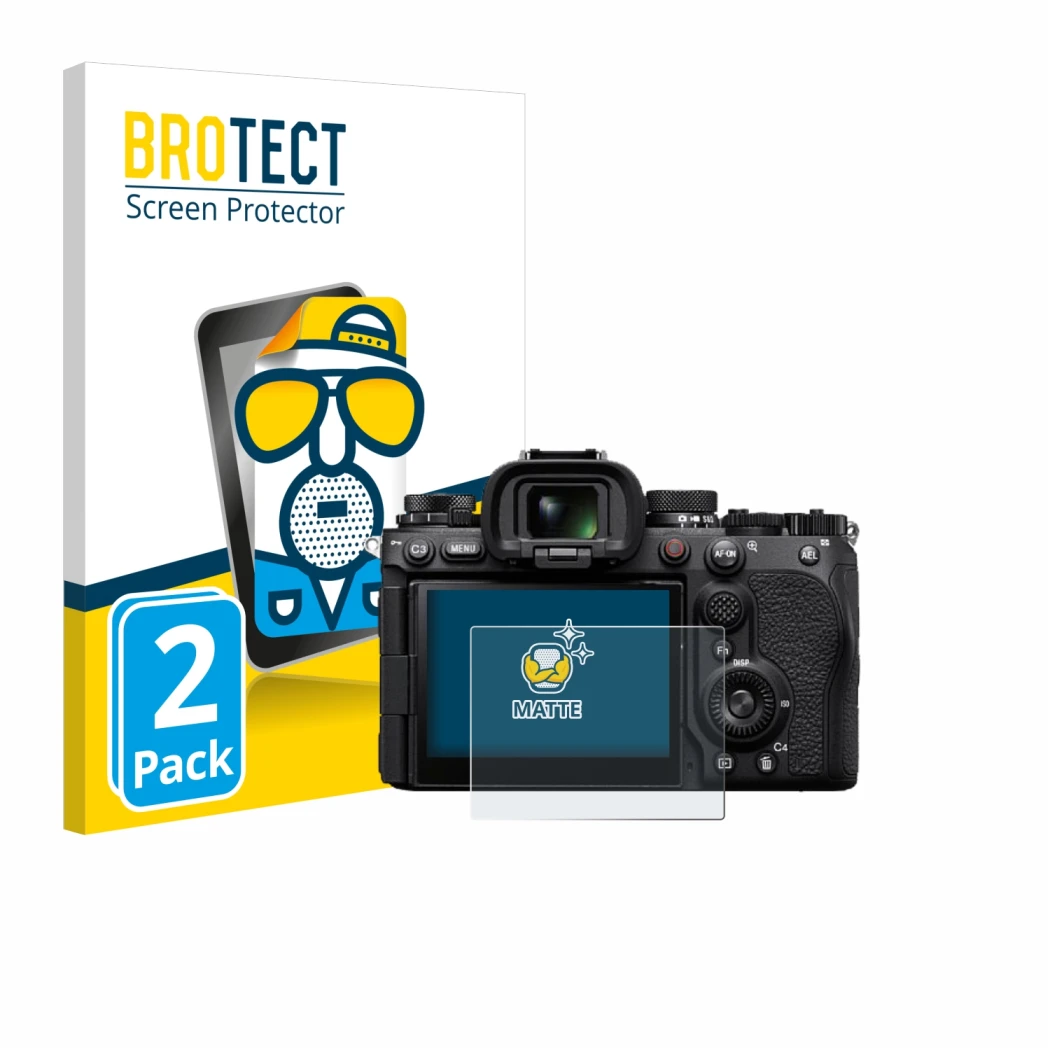 Face avant d’un emballage produit avec le logo de la marque BROTECT. À côté, l’appareil Sony Alpha 9 III est représenté avec l