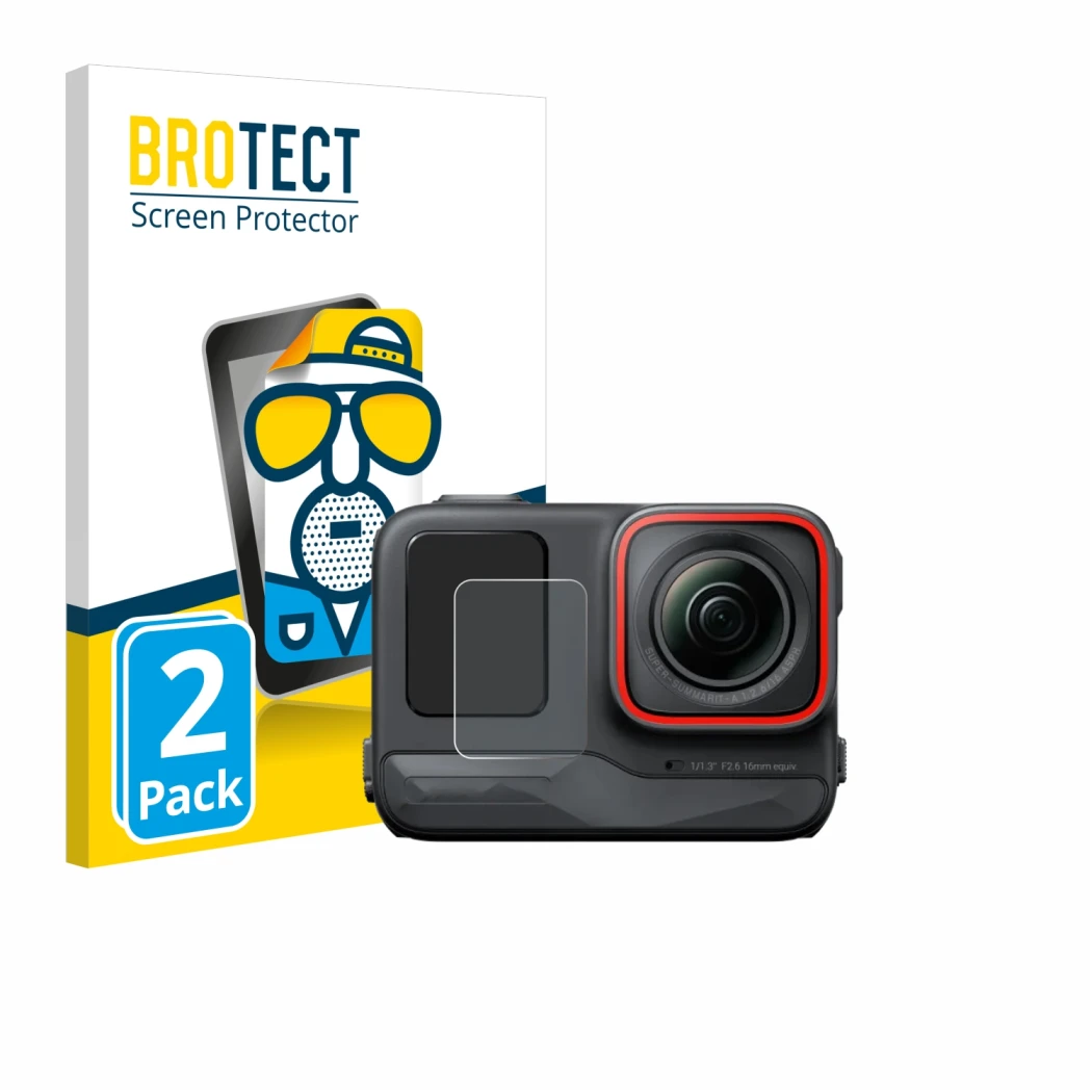 Face avant d’un emballage produit avec le logo de la marque BROTECT. À côté, l’appareil Insta360 Ace Pro (Affichage avant) est