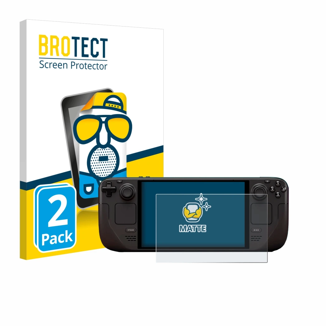 Face avant d’un emballage produit avec le logo de la marque BROTECT. À côté, l’appareil Valve Steam Deck OLED est représenté a