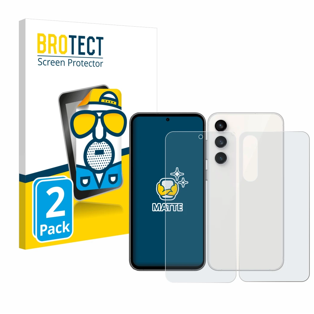 Face avant d’un emballage produit avec le logo de la marque BROTECT. À côté, l’appareil Samsung Galaxy S23 FE (Avant+Arrière)