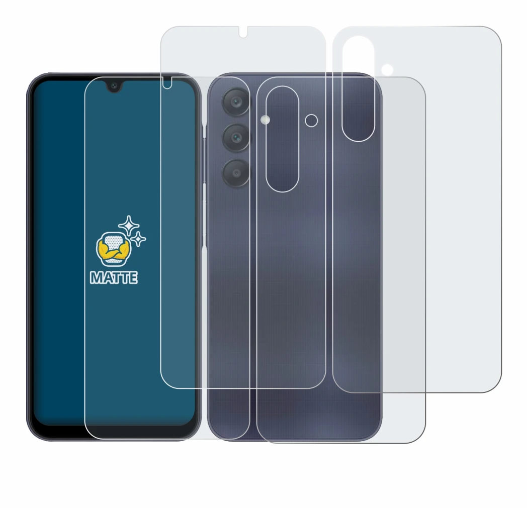 Image de l'appareil Samsung Galaxy A25 5G (Avant+Arrière) avec une grande variété de protections d'écran.