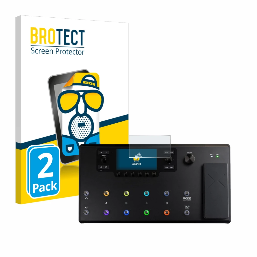 Face avant d’un emballage produit avec le logo de la marque BROTECT. À côté, l’appareil Line 6 Helix LT est représenté avec la